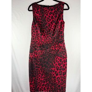 Cache Red Black Leopard Print Sleeveless Sheath Dress Pleated Waist Size 8